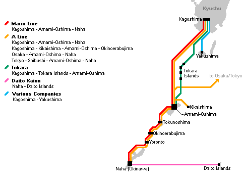 Okinawa und Kagoshima Fährverbindung Karte